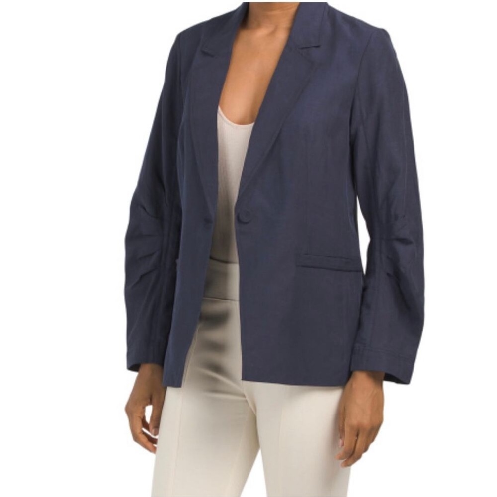 Kobi Halperin Torryn Tencel Linen One-Button Cinched Sleeve Jacket in Navy Sz S